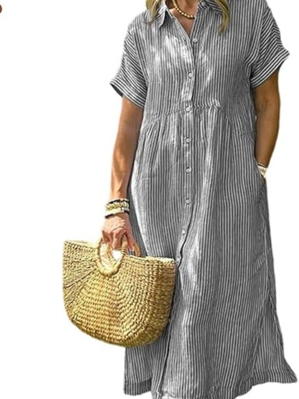 3XL Grey White Stripe Midi Shirt Dress Belt Pockets Boho Button Down Slit
